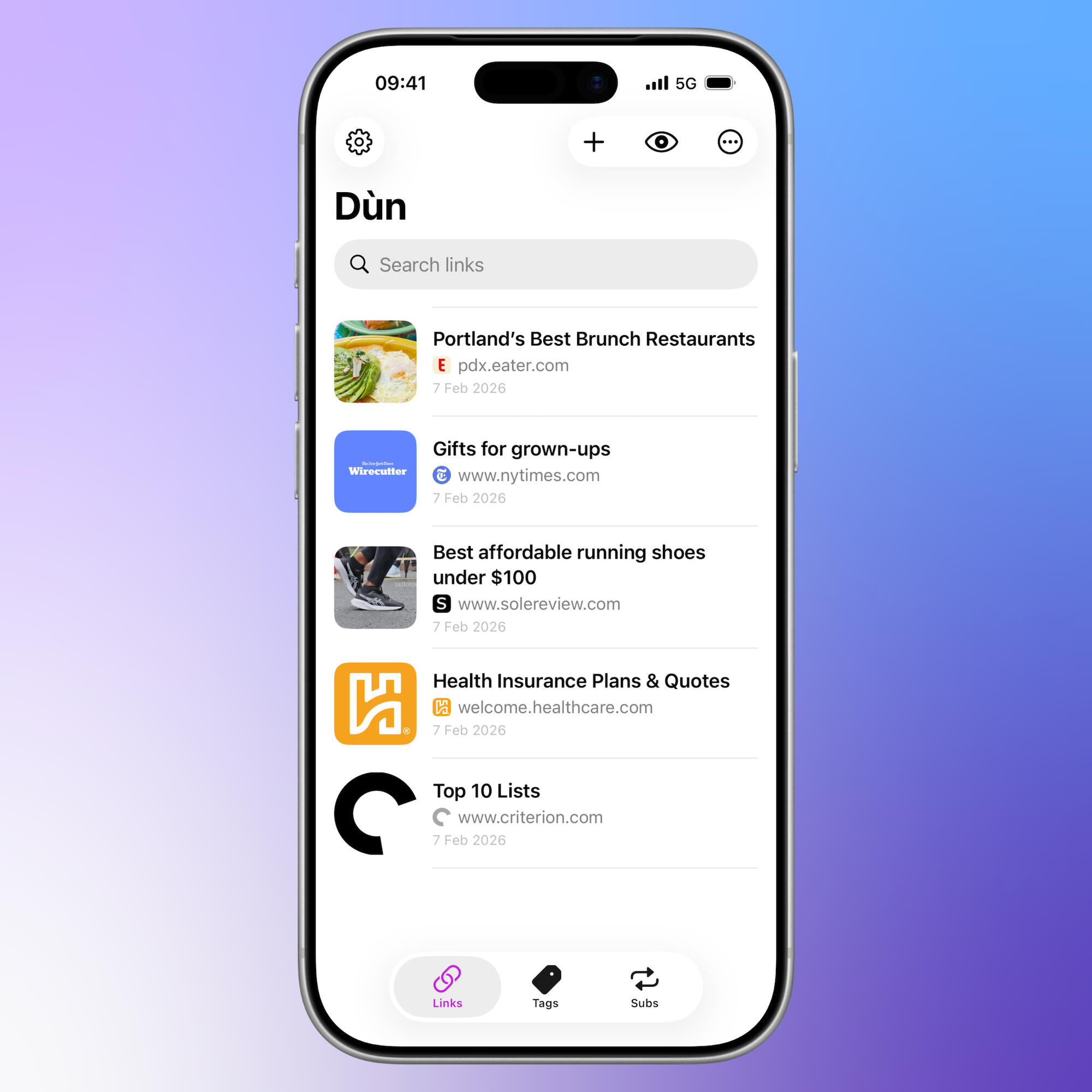 An orange iPhone floats over a blue background and its screen features the app. The app is a list of links, from Portland's best brunch spots to health insurance plans and quotes.