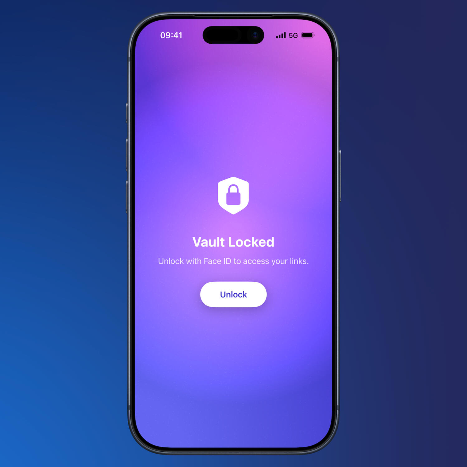 An iPhone displaying the Vault Locked screen. A colorful purple background on the iPhone's screen presents a lock icon, the vault locked title and the phrase: Unlock with Face ID to access your links.