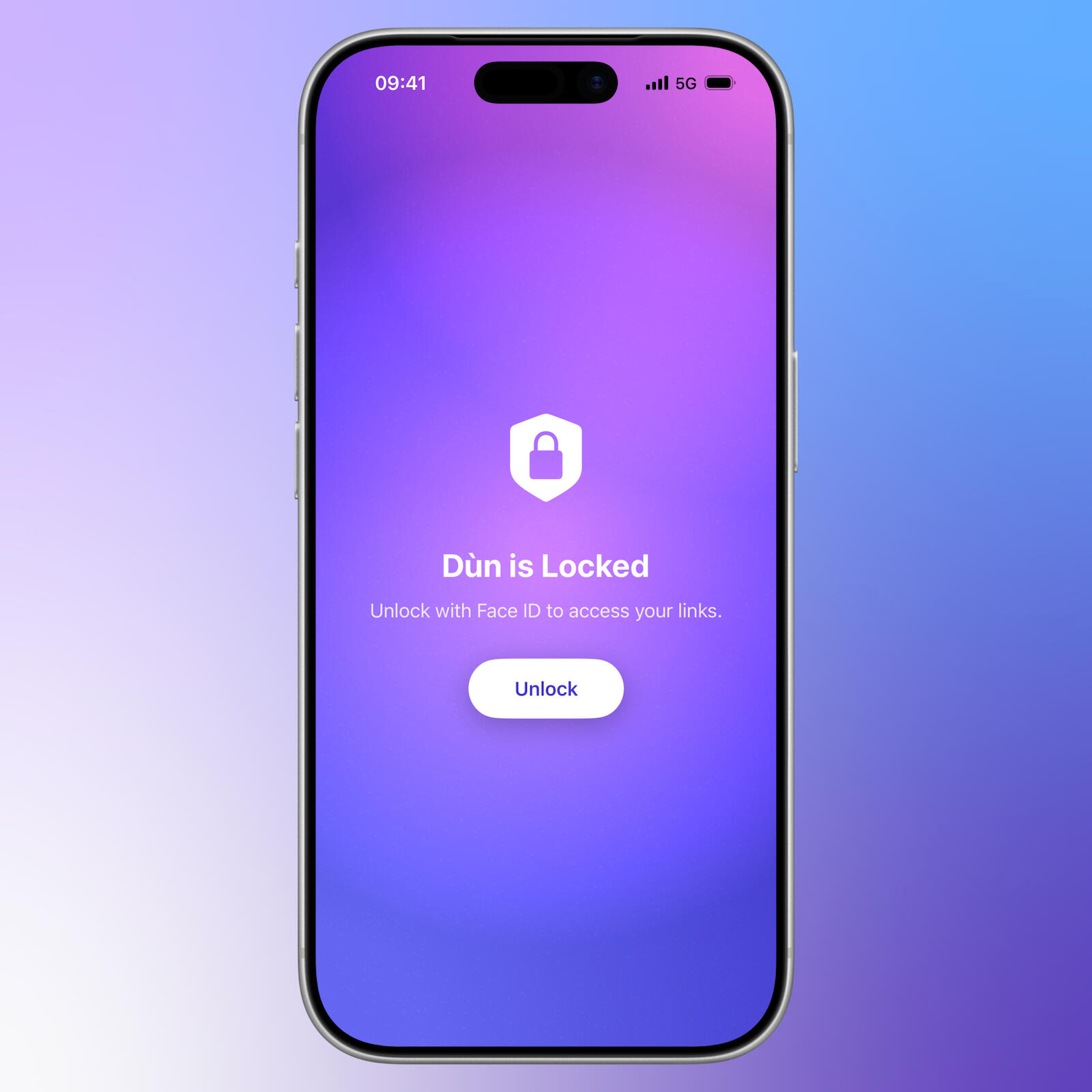 An iPhone displaying the Dùn is Locked screen. A colorful purple background on the iPhone's screen presents a lock icon, the safe locked title and the phrase: Unlock with Face ID to access your links.